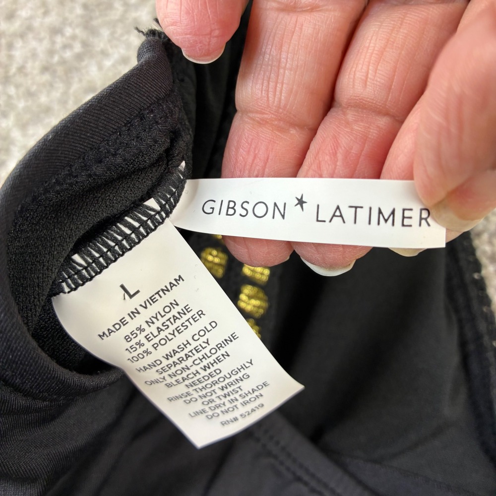 Gibson Latimer One Piece Swimsuit Size L Black Gold Trim Resortwear Vacation - Picture 8 of 8